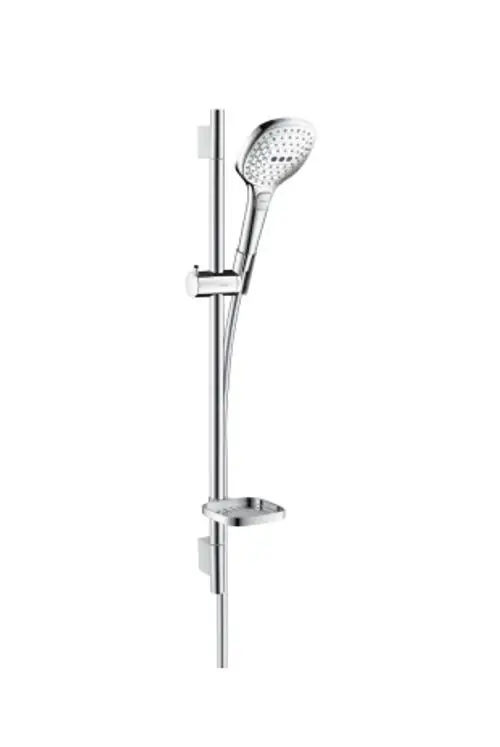 Hansgrohe-Duschset mit Handbrause an verstellbarer Stange, inklusive Halterung und Seifenschale in chromfarbener Ausführung.